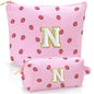 Personalized Initial Makeup Bag,Strawberry Print Preppy Cosmetic Toiletry Travel Bag,Trendy Letter Makeup Pouch for Teen Girls and Women,Holiday & Birthday Gift,2 Pack (N, Pink Strawberry) - style: N