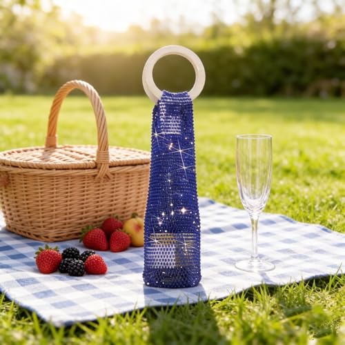 Wine Pouch Mesh Bag, Resin Handle Wine Bag, Sparkly Rhinestone Handwoven Mesh Bags, Party Water Bottle Bags Accessory, Daily Housewarming Party Use - color: Indigo Blue