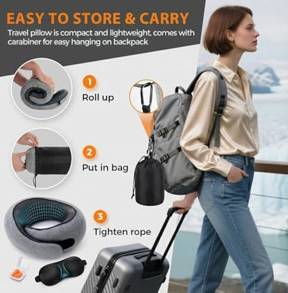 Travel Neck Pillow for Airplane – Ergonomic 360° Memory Foam Support | Lightweight & Portable Roll-Up Design| Includes Eyemask & Earplugs|Ultimate Comfort for Flights, Car & Office (Small Gray)
