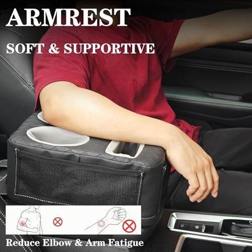 Auto Center Console Cup Holder Organizer, Universal PU Leather Armrest Storage Box with Tissue Holder & Side Pockets, Multi-use for Car Front/Back Seat, Truck, RV, Boat
