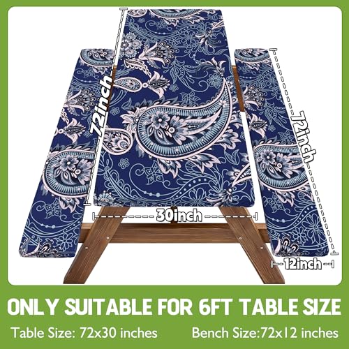 Picnic Table Cover with Bench Covers Waterproof Elastic Rectangle Reusable Folding Tablecloth Manteles Mantelería Camping Essentials Rv Car Travel Supplies Table Cloth Outdoor Road Trip Camper Gifts - color: Blue Paisley, size: 72in