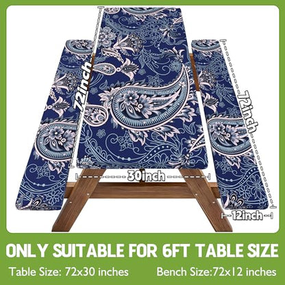 Picnic Table Cover with Bench Covers Waterproof Elastic Rectangle Reusable Folding Tablecloth Manteles Mantelería Camping Essentials Rv Car Travel Supplies Table Cloth Outdoor Road Trip Camper Gifts - color: Blue Paisley, size: 72in