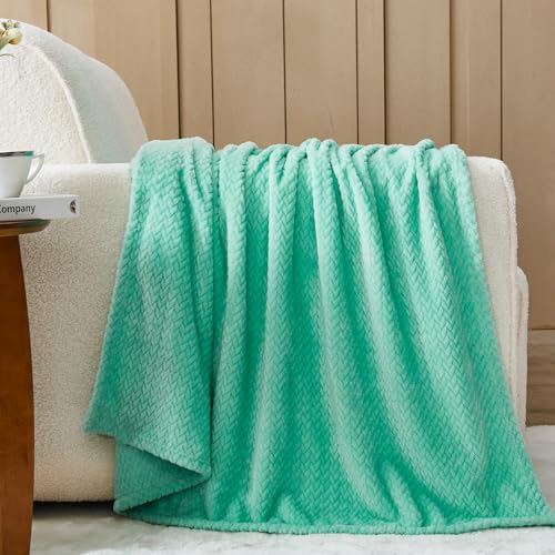 NEWCOSPLAY Super Soft Throw Blanket Aqua Premium Silky Flannel Fleece Leaves Pattern Lightweight Bed Blanket All Season Use (Aqua, Throw(50"x60")) - color: Aqua, size: Throw(50"x60")