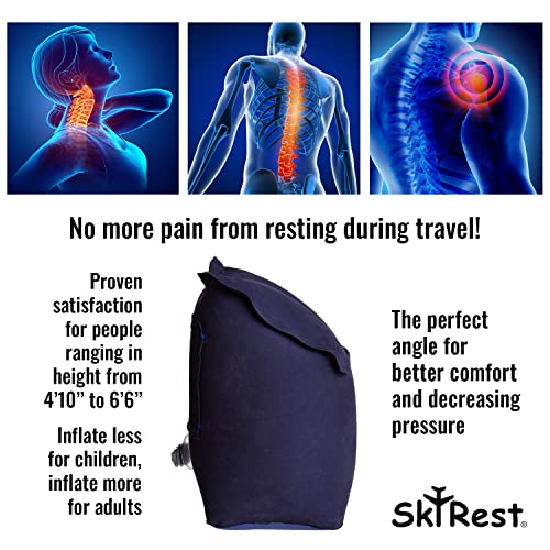 SkyRest® Inflatable Head Neck Rest Travel Pillow - Portable Patented Design Napping Pillows for Airplanes Buses Cars Office Trains Outdoor Camping - Gift for Men Women