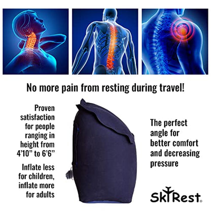 SkyRest® Inflatable Head Neck Rest Travel Pillow - Portable Patented Design Napping Pillows for Airplanes Buses Cars Office Trains Outdoor Camping - Gift for Men Women