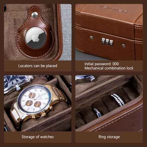 KAMIER Watch Case with Combination Lock - 4 Watch Storage and Jewelry Organizer - Watch Travel Case for Ring and Watch Storage, PU Leather Travel Watch Case, Ideal for Gift (With Gift Box), Brown - color: Brown