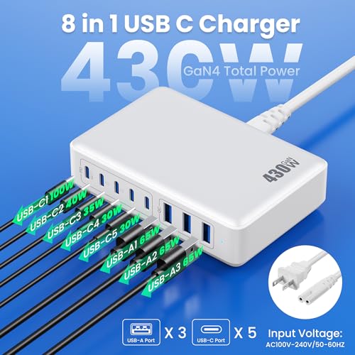 USB C Charger 430W USB C Charger Block, 8-Ports GaN IV Fast Charging Station Hub,PD 100W Laptop Charger Adapter,for MacBook Pro/Air/iPad/iPhone16/15/14/Apple Watch/DELL/Samsung for Home Office - color: A-White