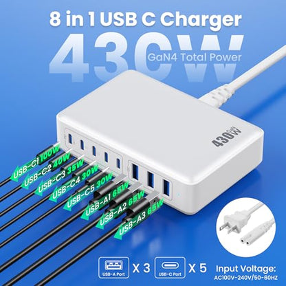 USB C Charger 430W USB C Charger Block, 8-Ports GaN IV Fast Charging Station Hub,PD 100W Laptop Charger Adapter,for MacBook Pro/Air/iPad/iPhone16/15/14/Apple Watch/DELL/Samsung for Home Office - color: A-White