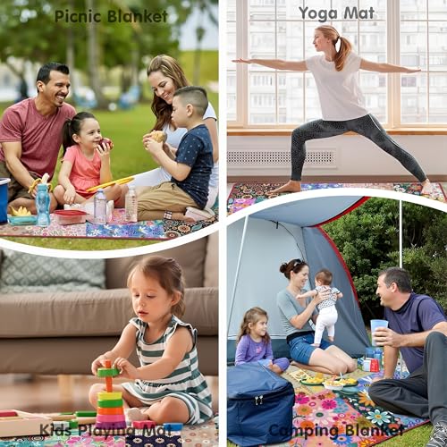 Supfitness Extra Large Picnic Blankets Waterproof Foldable (80 "x 80") Beach Blanket Waterproof Sandproof,3-Layer Thicking Mat Outdoor Packable Camping Blanket(Bohemian) - color: Flower, size: 80x80in