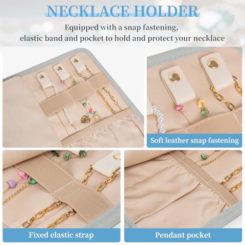 Travel Jewelry Holder Organizer Case, Foldable Jewelry Roll Storage Bag for Necklaces Rings Earrings Bracelets, Large, Grey