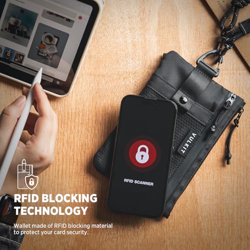 VULKIT RFID Blocking Travel Wallet for Men Women, Water Resistant Passport & Phone Holder with Detachable Lanyard and Key Ring, Lightweight Zipper Travel Wallet - color: Black