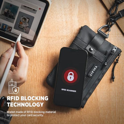 VULKIT RFID Blocking Travel Wallet for Men Women, Water Resistant Passport & Phone Holder with Detachable Lanyard and Key Ring, Lightweight Zipper Travel Wallet - color: Black