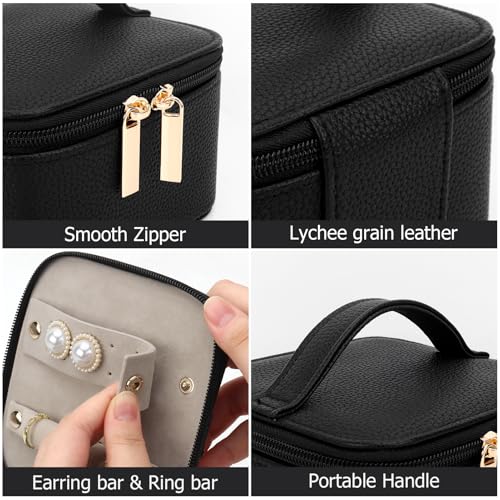 DesignSter Small Jewelry Box, Travel Small Jewelry Organizer with Earring Tray and Ring Holder, Square Travel Jewelry Storage Case with 6 Velvet Jewelry Pouches, Black - color: Black