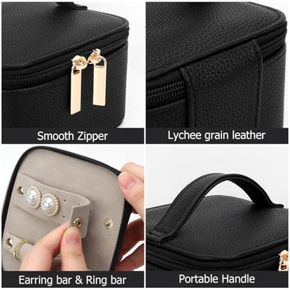 DesignSter Small Jewelry Box, Travel Small Jewelry Organizer with Earring Tray and Ring Holder, Square Travel Jewelry Storage Case with 6 Velvet Jewelry Pouches, Black - color: Black