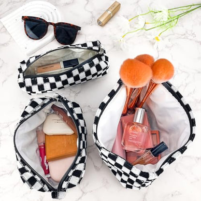 ZLFSRQ 3Pcs Checkered Makeup Bag for Women Large Small Checkered Cosmetic Bag Set Aesthetic Preppy Pencil Case Cute Pencil Pouch Black Makeup Pouch for Purse Travel Toiletry Bags Zipper Skincare Bags - color: B-Checkered 3Pcs Mix Black