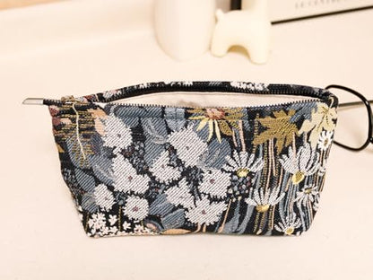 HAPPYHEIDI Cute Floral Makeup Bag Cosmetic Travel Pouch with Bottom and Zipper, Purse Make Up Organizer, Aesthetic Textured Fabric, Medium - color: Classic Black Floral Medium