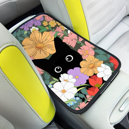 Black Cat Auto Center Console Pad,Soft Waterproof Car Center Console Cover Auto Armrest Seat Box Cover Protector for Most Vehicle SUV Truck Car - color: Black Cat1