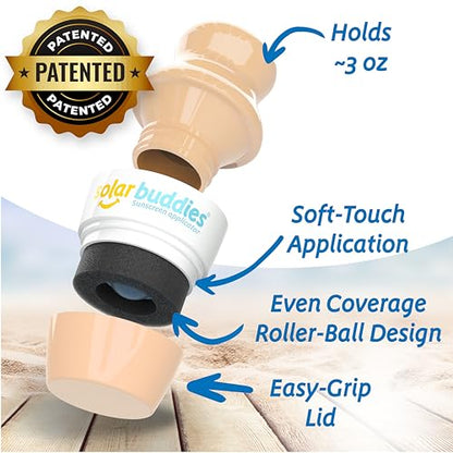 Solar Buddies Grab & Go Travel Bundle - Single Nude - Empty Refillable Applicator with Carabiner Clip & Brush - Roll-On Sponge for Lotion & Cream - 3.4oz (No Sunscreen Included) - color: Nude Single