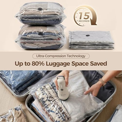Travel Vacuum Bags for Clothes with Cordless Pump - 15 Pack Reusable Compression Packing, Save 80% Luggage for Suitcase Carry-On & Bedding (15 Combo Travel Size) - size: 15 Combo Travel Size