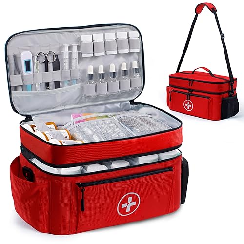 BAGSFY Travel Medicine Bag Organizer, Medical Bag Empty, Pill Bottle Organizer for Home, Large Medication Storage, Travel Carrying Case First Aid Kit Bags Empty, Emergency Kit. - color: Red