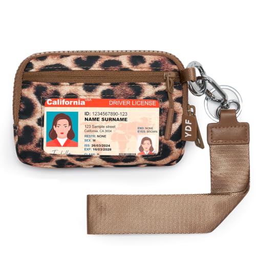YDF The Small Wristlet Wallet for Women - Water-Resistant Nylon Coin Purse with Clear ID Window, Detachable Wrist Strap & Keychain, Everyday Carry Card Case Pouch - color: Cheetah Print