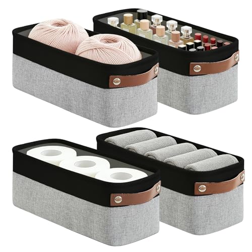 Bagnizer Small Fabric Storage Baskets, 15x6x5 inch Narrow Storage Bins 4-Pack Long Storage Basket for Organizing with Handles, Decorative Basket for Closets, Shelves, Toilet Paper, Grey - color: Gray / Black, size: Narrow-15"x6"x5"