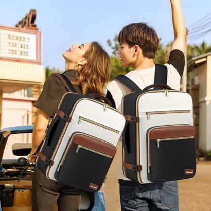 LOVEVOOK Travel Backpack For Women,50L Carry On Backpack Flight Approved,TSA Personal Item Travel Bag Fits 18 Inch Laptop,Business Weekender Overnight Daypack with Toiletry Bag and Cube,White brown - color: Black and White and Brown, size: 18 Inch-50L-4Pc