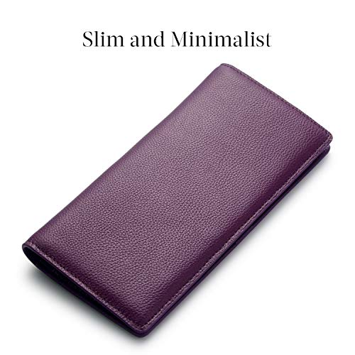Bveyzi Ultra Slim Thin Leather RFID Blocking Credit Card Holder Bifold Clutch Wallets for Women - color: Purple