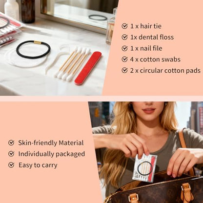 Bulk Hotel Vanity Kit Individually Wrapped Vanity Kit Travel,Hotel Hospitality Supplies,Hygiene Products Include Disposable Cotton Pads,Cotton Swabs,Hair Tie,Nail File,Dental Floss（100） - size: Pack of 100