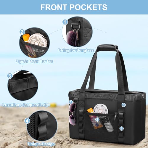 Yarwo Beach Bag for Women, Sandproof Swim Tote Bag with Cooler Compartment and Wet & Dry Pockets for Pool Cruise Vacation - color: Black