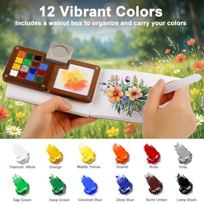 Mini Watercolor Travel Set, All-in-One 12-Color Travel Kit with Palette, Crossbody Bag, Paint Water Cup, Journal, Pocket Set for Artists - color: Brown