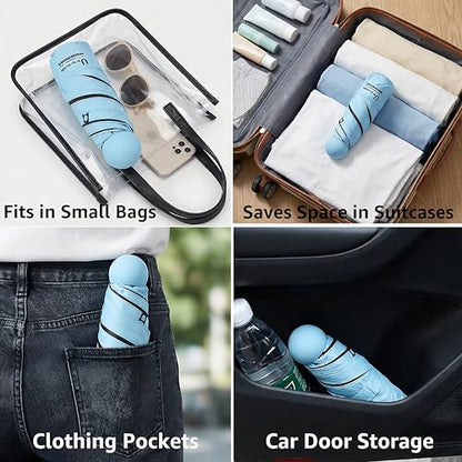 BAODINI Travel Essentials Mini Umbrella for Purse With Case Small Compact UV Sun Protection Lightweight Tiny Pocket Manual Open Close Umbrella for Women Kids and Men Fits Purse Backpack - color: C-1-Light Blue