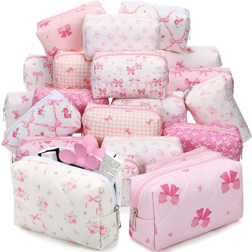Paterr 20 Pcs Cotton Quilted Makeup Bag Bulk Coquette Cosmetics Bag Flower Aesthetic Essential Pouch Emergency Travel Toiletry Cotton Pouch Gifts for Women(Pink Bow) - style: Pink Bow