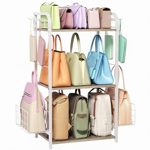 White Purse Organizer, 3-Tier Floor Standing Bag Rack Stand Featuring Side Hooks and Baskets, Adjustable Feets, High Capacity Metal & Wood Handbag Holder Design for Closet Storage, Patent Pending - color: White, size: 3-Tier
