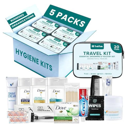 20 Piece Hygiene Kit Bulk, Travel Size Toiletries Set, Care Package Supplies, Mini Deodorant Shampoo Body Wash Toothbrush Toothpaste Razor Kit, TSA Approved, Clear Bag - size: 5 Pack