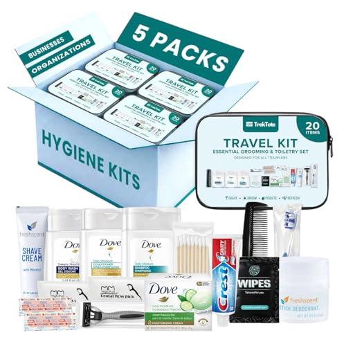 20 Piece Hygiene Kit Bulk, Travel Size Toiletries Set, Care Package Supplies, Mini Deodorant Shampoo Body Wash Toothbrush Toothpaste Razor Kit, TSA Approved, Clear Bag - size: 5 Pack