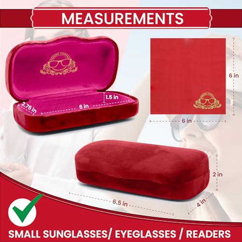 Hard Shell Glasses Case w/Cloth,Velvet Reading Glass, Eyeglass Case, Lightweight, Crush-Resistant, Men & Women - color: Red Velvet, size: Large