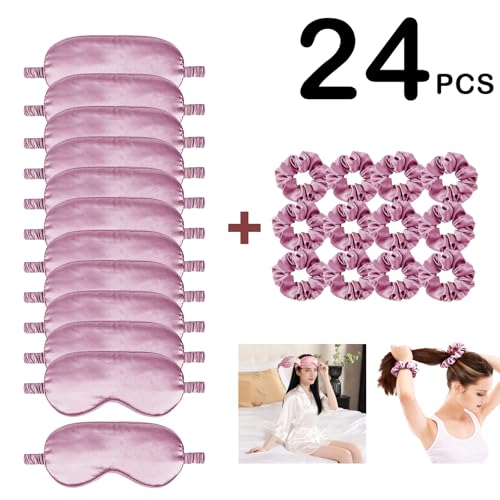 24Pcs Satin Eye Mask Silk Sleep Masks Silky Eyes Cover Blackout Blindfold Eyeshade Scrunchies Hair Ties Travel Wedding Gift - color: Mauve