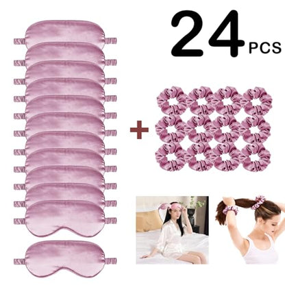 24Pcs Satin Eye Mask Silk Sleep Masks Silky Eyes Cover Blackout Blindfold Eyeshade Scrunchies Hair Ties Travel Wedding Gift - color: Mauve
