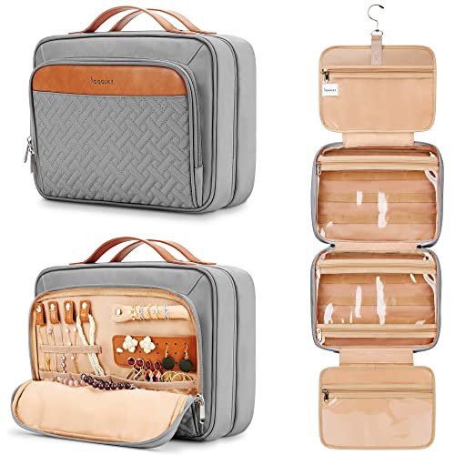COOSKY Travel Hanging Toiletry Bag for Women, Holds Full-Size Shampoo, with Jewelry Organizer Compartment, Extra Large Makeup Bag, Waterproof Cosmetic Bag, Toiletries Kit Set with Trolley Belt, Grey - color: Grey, size: Large