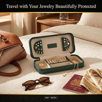 Bey-Berk Diamond-Quilted Leather Travel Jewelry Case, Green, 9" x 4" x 1.75" - color: Green