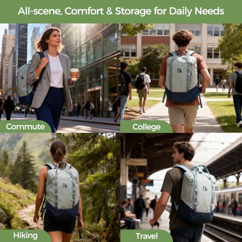INUK Laptop Backpack for College Students & Work, 25L Lightweight Waterproof Backpack for Business Travel, Hiking Daypack with Padded Sleeve and Safety Whistle, Made from Recycled Materials，Sage Leaf