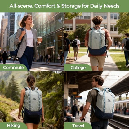 INUK Laptop Backpack for College Students & Work, 25L Lightweight Waterproof Backpack for Business Travel, Hiking Daypack with Padded Sleeve and Safety Whistle, Made from Recycled Materials，Sage Leaf