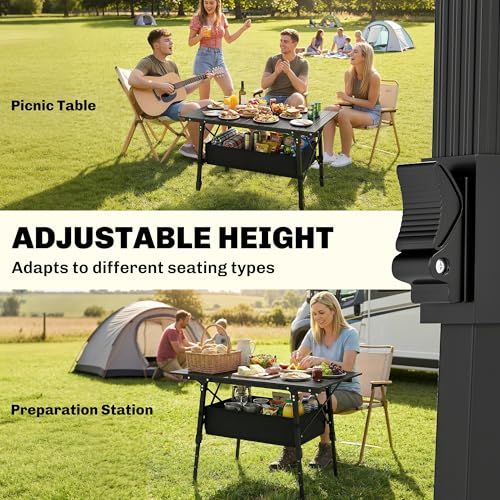 Outsunny 3ft Portable Camping Table with Storage Bag, Adjustable Height Aluminum Small Folding Table, Lightweight Picnic Table with Carry Bag for Outdoor Picnic BBQ Backyards Beach, Black - color: Black