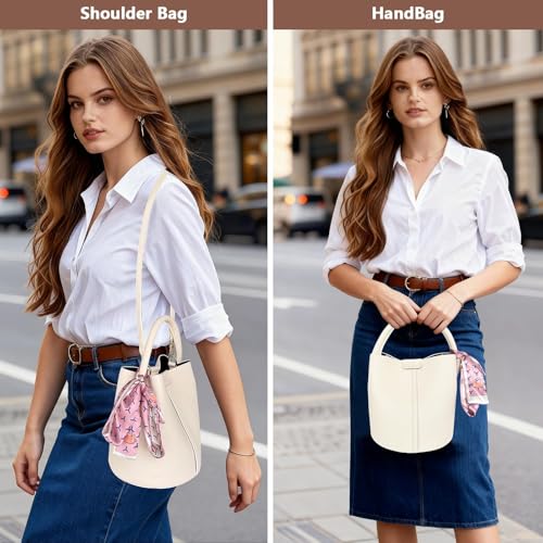 Vegan Leather Bucket Bag for Women Crossbody Bucket Purse with Removable Fashion Bucket Handbag - color: Beige