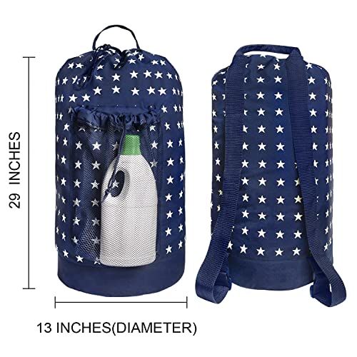 Dalykate Backpack Laundry Bag, Laundry Backpack with Shoulder Straps and Mesh Pocket Durable Nylon Clothes Hamper Bag with Drawstring Closure for College, Travel, Laundromat, Apartment - color: Starry Blue
