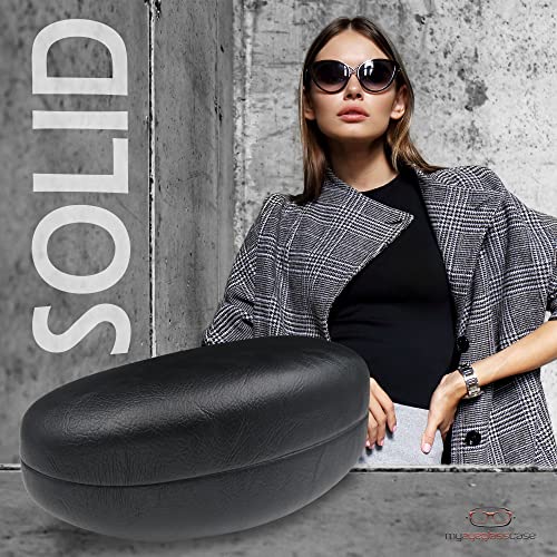 MyEyeglassCase® Large Hard Sunglasses Case | fits Large curved Sunglasses, with microfiber bag and cleaning cloth - color: Smooth Black
