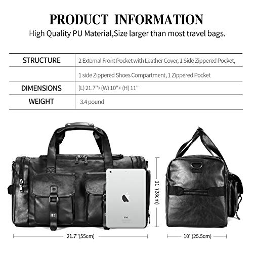 Zeroway Travel Duffel Bag with Shoe Pouch, PU leather Carry on Bag Weekender Overnight Bag for Men Women Black - color: Black
