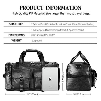 Zeroway Travel Duffel Bag with Shoe Pouch, PU leather Carry on Bag Weekender Overnight Bag for Men Women Black - color: Black