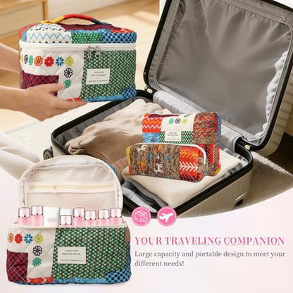 3PCS Coquette Makeup Bag,Quilted Cosmetic Bag Large Make Up Bag Set,Quilted Portable Toiletry Organizer Bag,Cotton Travel Skincare Bag for Women Girls(04-Boho) - style: 04-boho Quilted